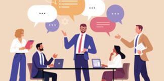 Illustration of five business people having a discussion around a table, with speech bubbles conveying communication.