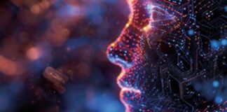 Side profile of a human face made of digital circuitry and glowing lights, symbolising artificial intelligence and technology in a futuristic setting.