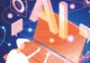 Hands on AI: how can it help teachers enrich learning? Illustration of a person using a laptop with large letters 'A' and 'I' floating above, surrounded by symbols like a graduation cap and atoms, representing the concept of artificial intelligence and education.