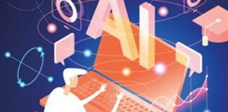 Illustration of a person using a laptop with large letters 'A' and 'I' floating above, surrounded by symbols like a graduation cap and atoms, representing the concept of artificial intelligence and education.