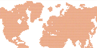 A stylised world map composed of small orange hexagons on a white background, depicting continents in a pixelated style.