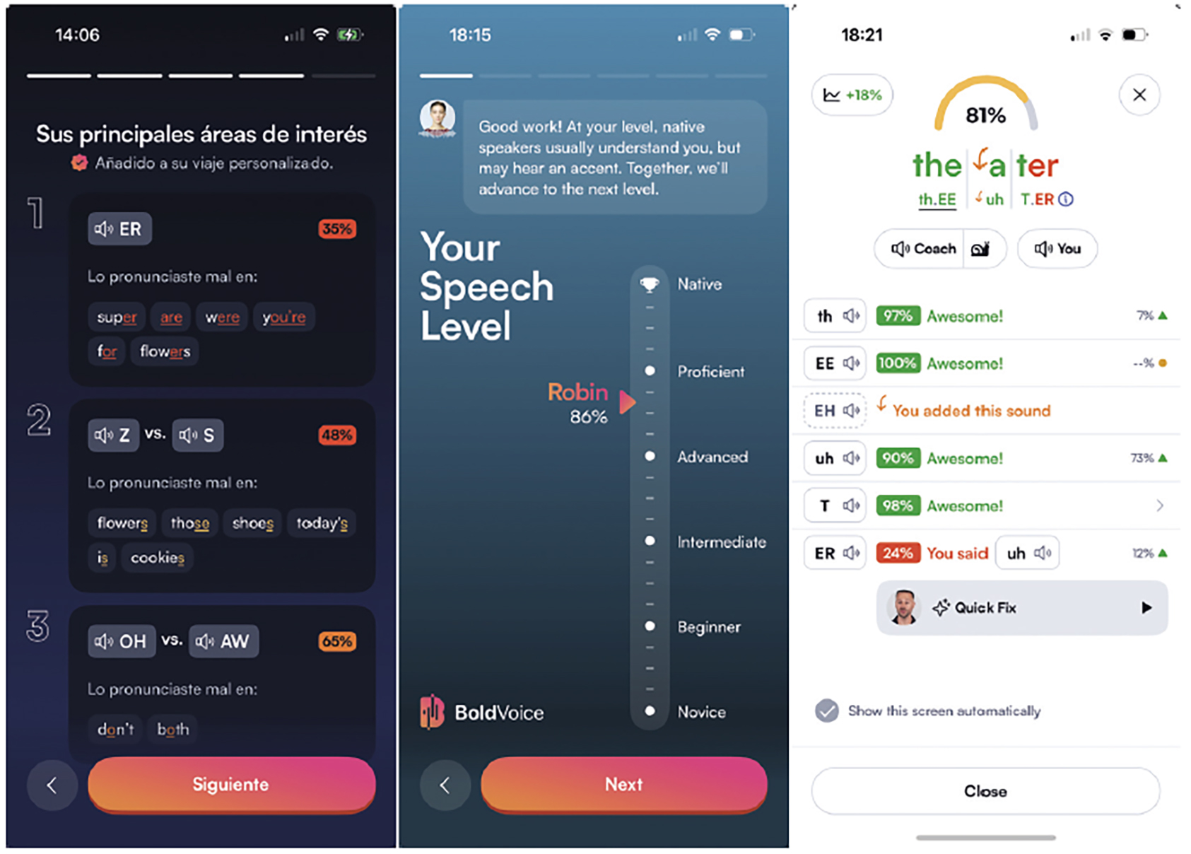 Three mobile app screens showing language learning progress. The first screen displays pronunciation focus areas with words to improve. The second screen shows a speech level rating of 86% at the 'Proficient' level with encouraging text. The third screen features pronunciation feedback with percentage scores for different sounds, with suggestions for improvement.