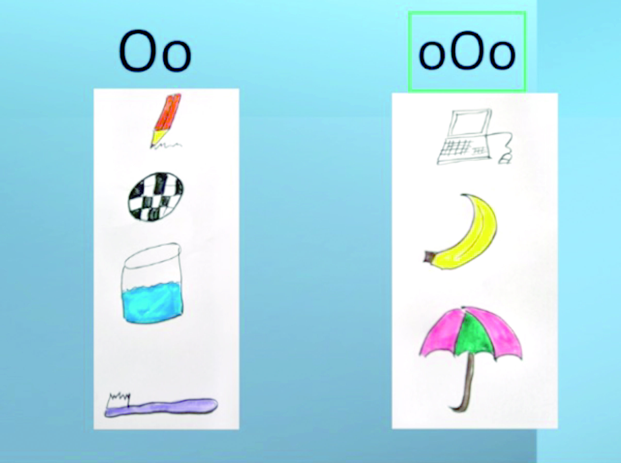Illustration of the letter 'O' in uppercase and lowercase, with images of various objects. On the left: a pencil, a black and white soccer ball, a glass of blue liquid, and a toothbrush. On the right: a computer, a banana, and an umbrella.