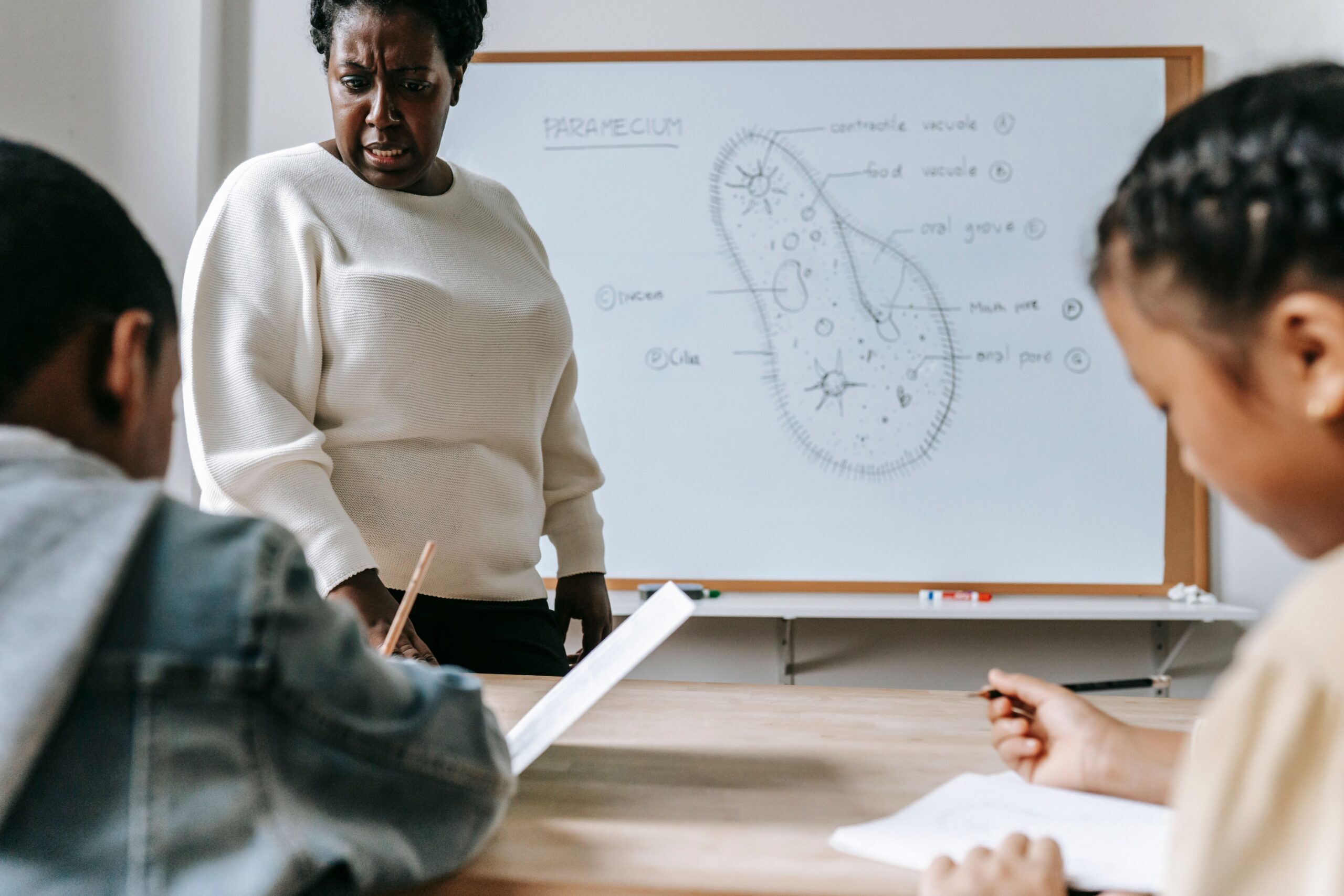 teacher at whiteboard in classroom